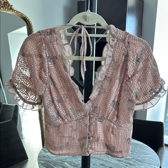 Anthropologie Pink Cropped Sequins Blouse - Picture 1 of 3